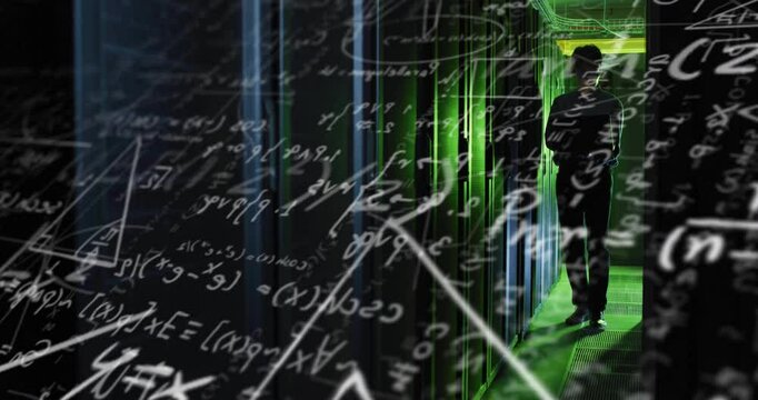 Math formulas fading triggers IT engineer walking rack aisle, scanning LEDs, typing check commands