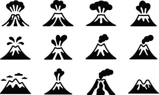 Set of stylized black and white volcano icons depicting eruptions with smoke clouds and ash for educational resources