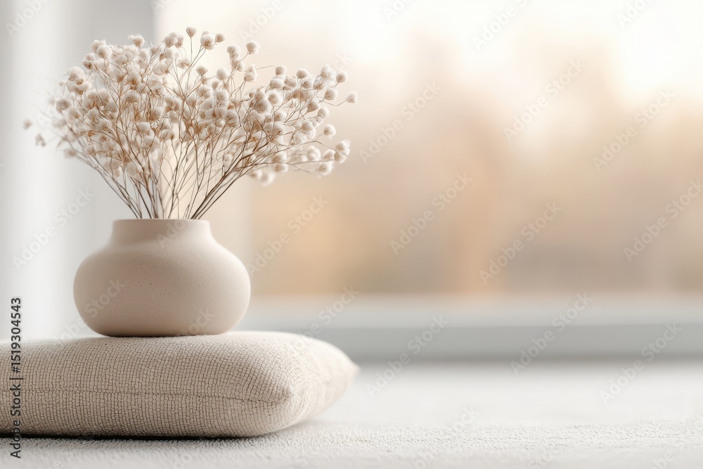 Poster warm inviting interior concept. delicate dried flowers in a minimalist vase on a textured surface ag