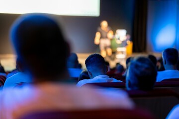 Audience focused on speaker during a conference presentation in a well-lit auditorium setting