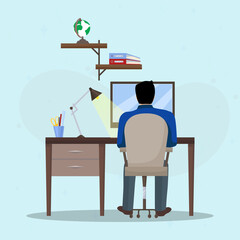 Student sitting at the desk, learning with computer. Online learning, education, office work, school or university. 