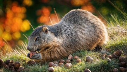 Fototapeta premium Wildwood Wonder Playful Groundhog Grazing on Autumn Acorns Amidst Vibrant Forest Floor Moss, Capturing the Peaceful Serenity of Natures Harvest Season.