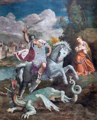  PIACENZA, ITALY - MAY 19, 2025: The fresco of St. George in the church Basilica di Santa Maria di Campagna by Bernardino Gatti (1543). © Renáta Sedmáková