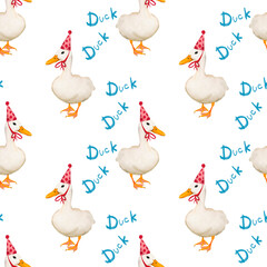 Seamless pattern of cute white ducks wearing party hats on transparent background
