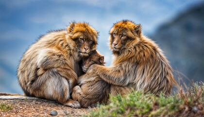 Naklejka premium Tender Moment Amongst Barbary Macaques in Moroccos Atlas Mountains, Portraying Playful Friendship and Harmony Amidst the Rugged Landscape
