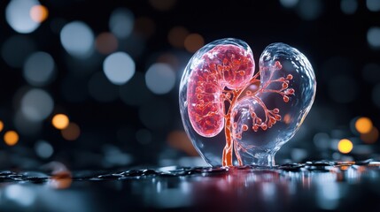 Artistic representation of kidney in 3D, illuminated with scientific accuracy on black canvas