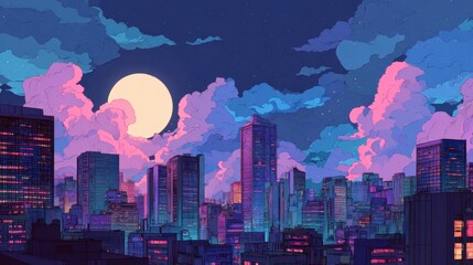 A stunning image of night cityscape illustration in a neo-crisp anime style, featuring neon flat colors with a big moon and clouds hovering over skyscrapers.