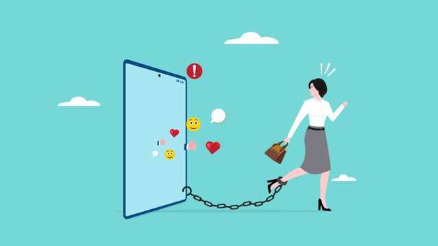 nomophobia or no mobile phone phobia, overusing mobile phone concept, woman who are afraid to remove from mobile phone connectivity, woman Chained to Big Smart Phone illustration