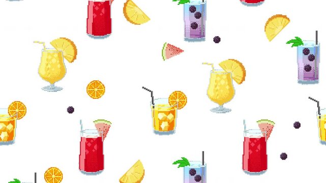Seamless animated loop of tropical background with pixel art cocktails and fruit slices. Retro style vibrant summer pattern with pixelated watermelon, pineapple, orange, and blackberry.