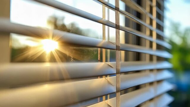 the sun shines through the blinds on the window 