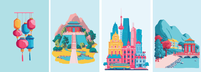 Obraz premium colorful china travel illustration with landmarks and cultural symbols