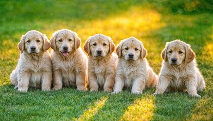 Adorable Lineup of Golden Retriever Puppies Basking in the Sunlight, Playfully Gazing at the Camera against the Backdrop of a Lush Green Lawn and Clear Blue Skies.
