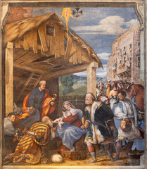 PIACENZA, ITALY - MAY 19, 2025: The fresco of Three Magi in the church Basilica di Santa Maria di Campagna by  Pordenone (1531-1532).