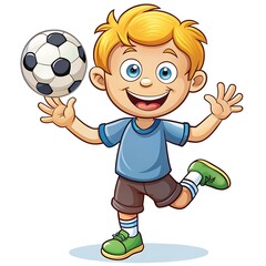 Cartoon boy playing with a soccer ball isolated on white background