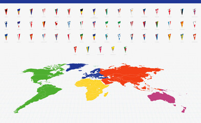 Obraz premium Pennant Flags of European Countries on a Colorful World Map. A vibrant collection of triangular pennant flags