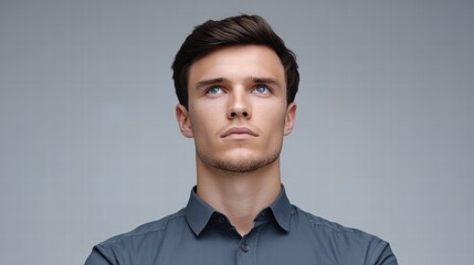 Startup founder funding venture concept. A young man with a serious expression gazes upward against a plain background.