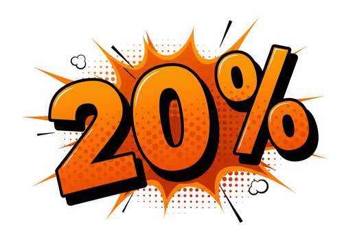 Explosion of Discounts: A Dynamic Comic Illustration Showcasing a 20% Offer in Bold Pop Art Style with Bright Orange Colors for a Sales and Promotion Campaign that Captures Attention.