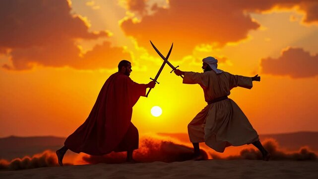 Dramatic duel between Bedouin warriors in the Arabian desert at sunset
