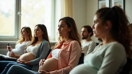 Expecting mothers engage in prenatal education class sharing experiences and insights.