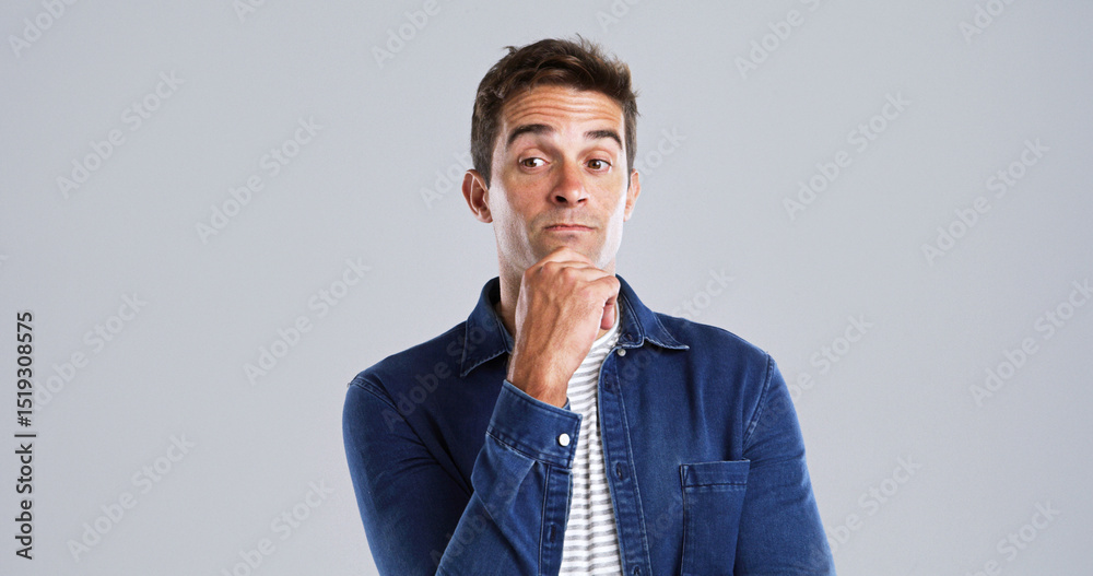 Aufkleber thinking, man and doubt for solution in studio for planning, ideas and guess expression of fake news