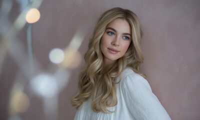 Fototapeta premium Beautiful Blonde Woman with Long Wavy Hair in White Dress