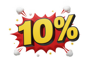 Explosive 10% Off Sale: Vibrant 3D Render for Promotional Campaigns and Eye-Catching Discount Offers, Ideal for Marketing Materials and Digital Advertising