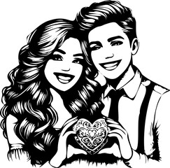 SVG happy boy and girl with heart, black and white vector file for printing, cutting