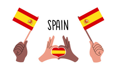 Spain flags. Vector illustration of diverse hands holding Spain flags and forming a heart with the Spanish flag. Symbol of unity, patriotism, love for Spain, celebration of national pride.