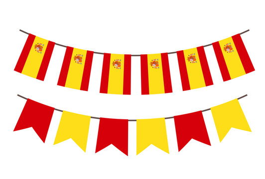 Spain flags illustration. Festive vector garlands with Spanish flags and red-yellow banners. Perfect for celebrating Spain&rsquo;s national holidays, sports events, parties, or cultural festivals.