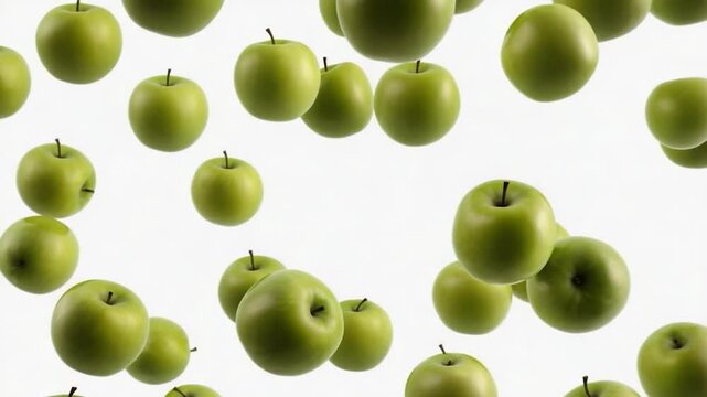 Many vibrant green apples appear to be falling or floating against a plain white background