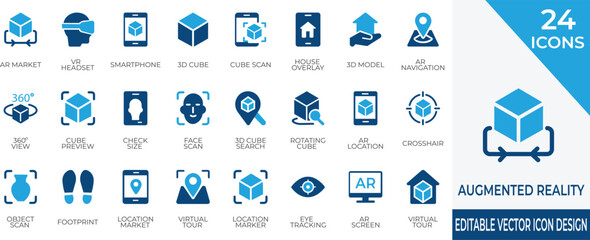A collection of 24 augmented reality vector icons including AR glasses, VR headset, 3D cube, and navigation tools. Perfect for use in tech apps, AR design, mobile platforms, and future technology