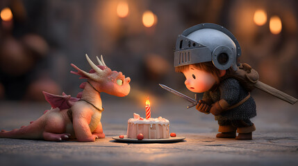 3d Cartoon of a child knight training a baby dragon