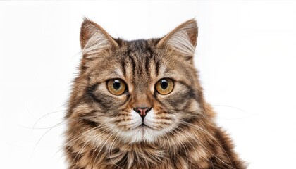 Grumpy Cat, Expressive Feline Gazing Intently on White Background, Captured with AI in at Dusk. Playful Isolation, Perfect for Digital Art, Home Decor or Design Inspiration.