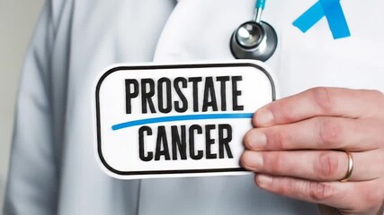 Prostate cancer awareness with medical professional holding sign. Blue ribbon and bold text for health campaign. Doctor promoting prostate cancer education. - Powered by Adobe