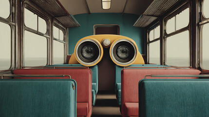 interior design inspiration board | quiet rebellion | bittersweet warmth | desaturated vintage | grid alignment | binoculars | symmetry-driven layout | stylized realism | vintage train journey |
