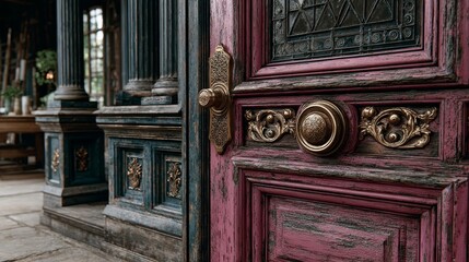 Close-up of a deep red wooden door with rotting wood texture on the doorstep of an old manor house, showcasing weathered details and rustic charm in a hyper-realistic and photorealistic style.