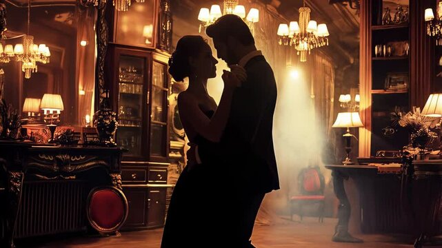 Graceful partners performing waltz, moving harmoniously amid sophisticated ballroom's soft romantic lighting