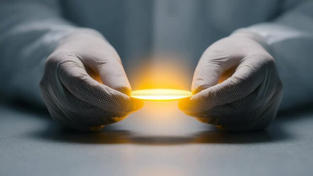 Illuminating Science: A scientist's hands, clad in sterile gloves, carefully hold a glowing sample, symbolizing groundbreaking research and discovery within the realm of science. 