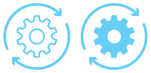 Set of gear and refresh icons in blue color. Gear icon with two arrows or wheel sign symbol. Sync process icons collection. Isolated vector Illustration.