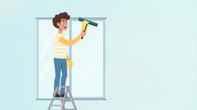 Cartoon Man Cleaning Window with Squeegee on Ladder