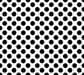 Seamless polka dot pattern vector. Black round dots on white background. Repeating retro design for fabric, wallpaper, packaging, or digital use.
