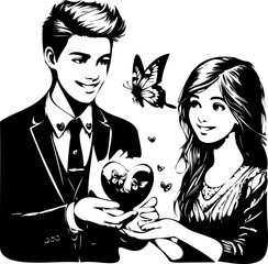 SVG happy boy and girl with heart and butterfly above them black and white vector file for printing, cutting
