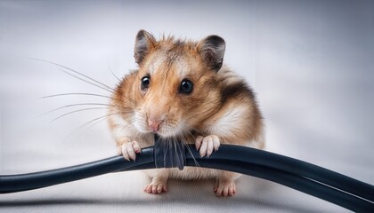 Playful Hamster Nibbling on a Wire, Captivating Moment in a Simplistic Scene, Contrasting Shades of Grey and Bursts of Bright Orange, Striking Emotional Connection.