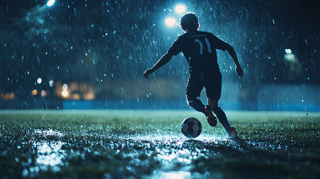 Young Soccer Player Dribbling Ball in Rain at Night
