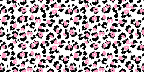 Seamless abstract leopard print pattern in bold black and pink tones on a white background. Trendy animal inspired design perfect for fashion, textiles, modern branding © incarnadine