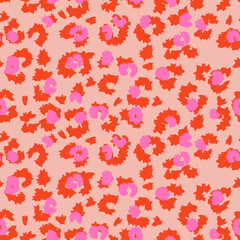 Trendy seamless leopard print vector pattern with a beige background, vivid red outlines, and pink accents. Perfect for fashion, kids wear, stationery, and playful branding projects.