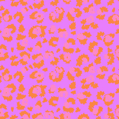Trendy seamless leopard print vector pattern with a violet background, vivid orange outlines, and pink accents. Perfect for fashion, kids wear, stationery, and playful branding projects.