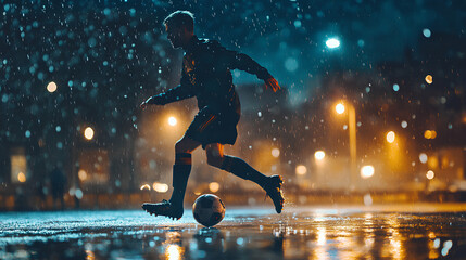 Young Soccer Player Dribbling Ball in Rain at Night