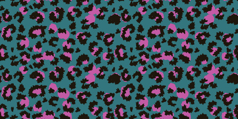 Seamless vector pattern inspired by leopard print with a modern twist. Features black spots on a turquoise background with pink accents. Perfect for fashion, textiles, bold design