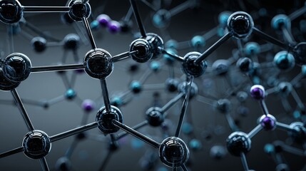 3D molecular structure under microscope with vibrant lavender, blue, and purple lighting, showcasing detailed biotechnology model in brilliant quality and high resolution.